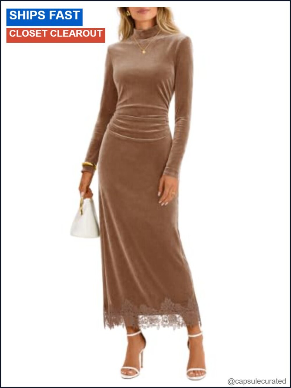 Women's Velvet Lace Mock Neck Ruched Maxi Dress Long Sleeve Formal